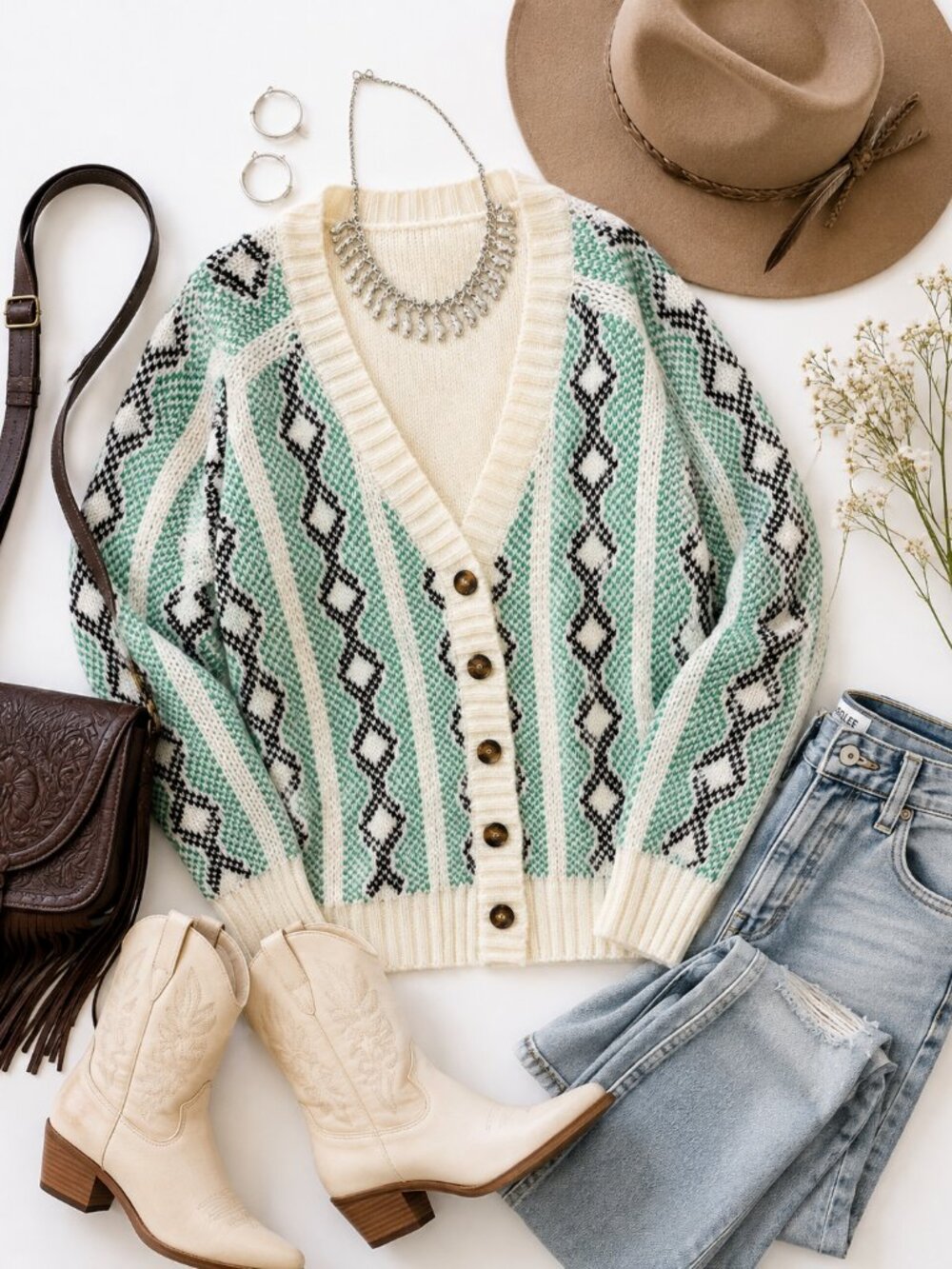 Raisonnel Cream & Mint Patterned V-Neck Button Cardigan Sweater Medium